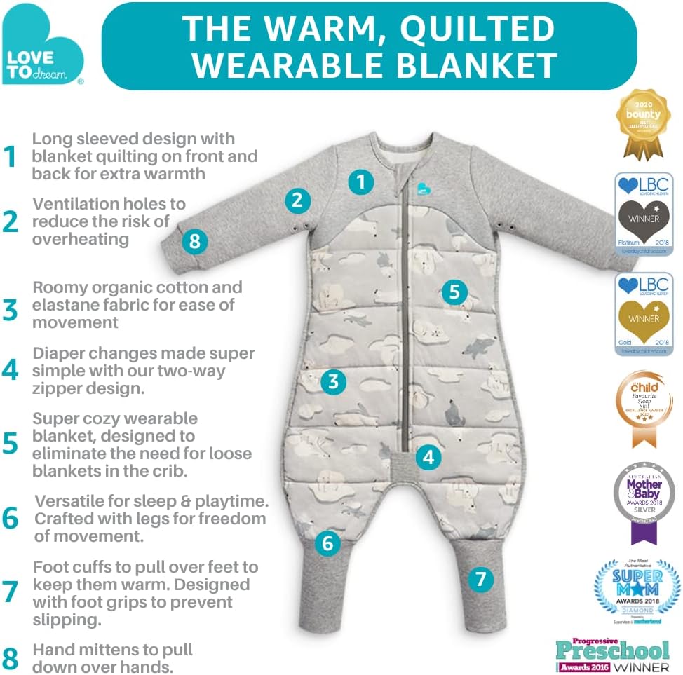 Love To Dream™ Sleep Suit with Legs, 6-12 Months - Grey | Long Sleeve, Lightweight Wearable Blanket & Quilt | 3.5 Tog Ideal for Winter & Autumn (14–16°C) | Machine Washable Cotton & Double Zip