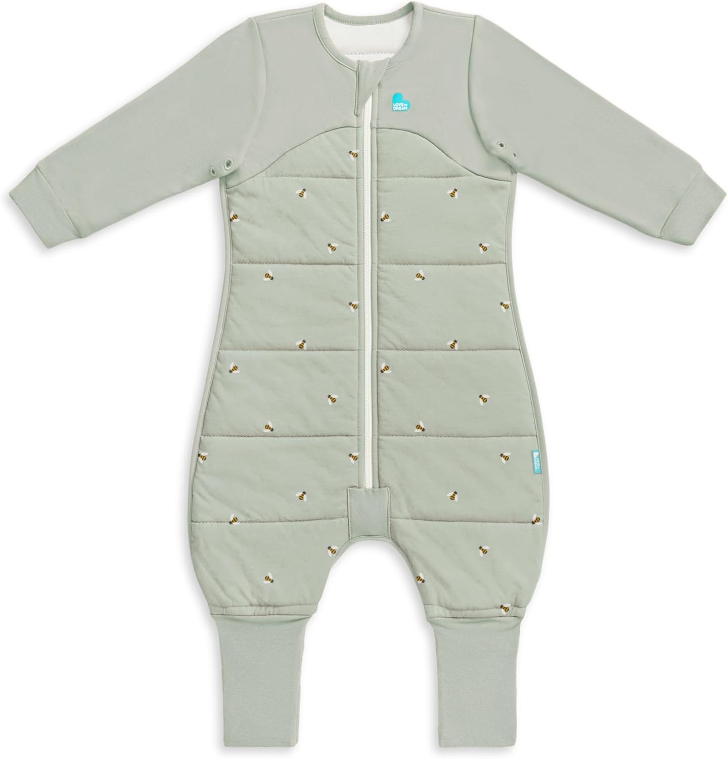 Love To Dream™ Macacão de dormir com pernas, 6-12 meses - Abelhas Oliva | Manga comprida, manta e edredom vestíveis leves | 2,5 Tog Ideal para inverno e outono (16–20°C) | Algodão lavável à máquina, zíper duplo