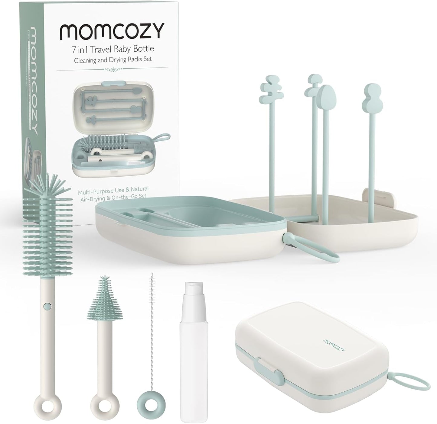 Momcozy Conjunto de escovas para mamadeiras 7 em 1 - Kit completo de limpeza de mamadeiras com escova de silicone, escova para mamilos, escova de palha, dispensador de sabão e rack de secagem - ideal para casa e viagens