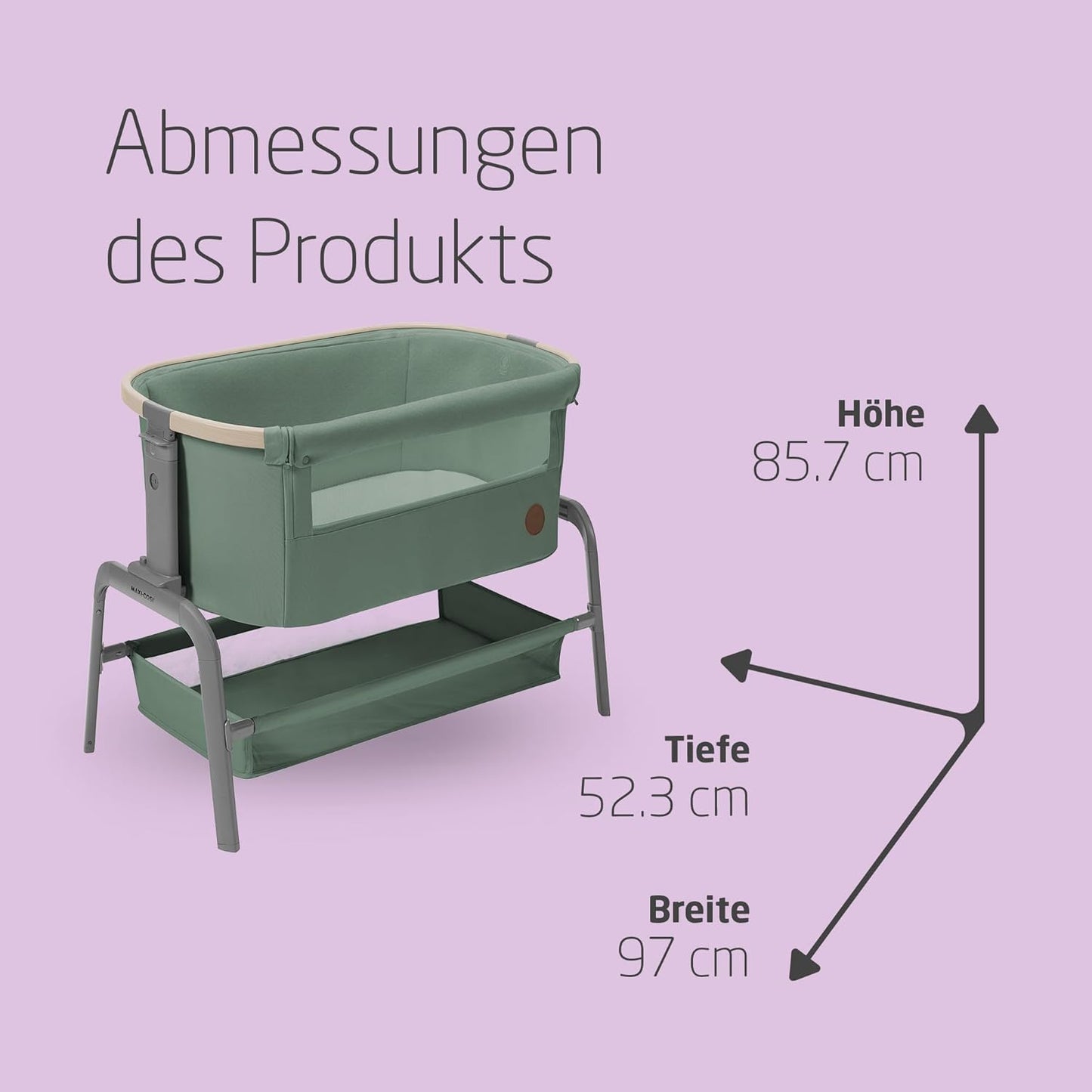 Maxi-Cosi Berço co-leito Iora, berço co-leito dobrável, 0-6 meses, 9 kg máx., 4 inclinações e 5 alturas, sistema deslizante, colchão confortável, cesto grande, fácil de transportar, além do verde