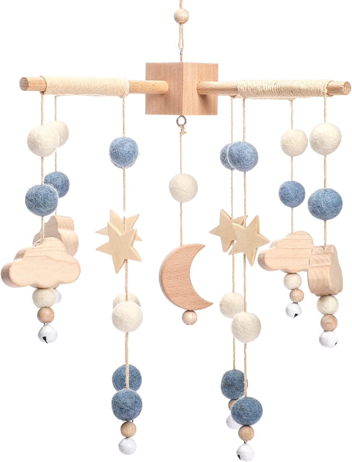 Let's Make Bolas móviles de Madera y Forro Polar para bebés, Campanas de Viento, Campanas para Hamacas de guardería, Regalos para recién Nacidos para niñas o niños (Luna Azul)
