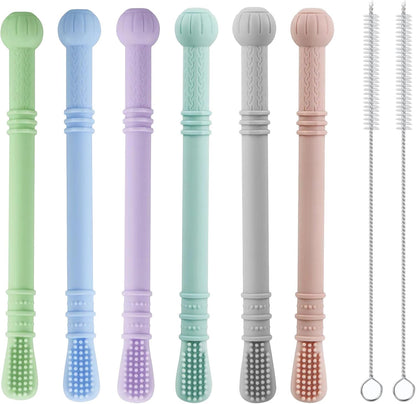 PandaEar Mordedores de silicone para bebês, pacote com 6 unidades | Mordedores macios para aliviar a dentição, com 2 escovas de limpeza, para bebês de 0 a 3, 3 a 6 e 6 a 12 meses