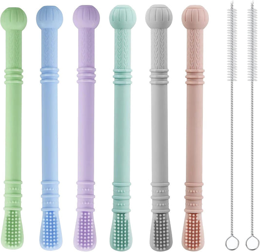 PandaEar Mordedores de silicone para bebês, pacote com 6 unidades | Mordedores macios para aliviar a dentição, com 2 escovas de limpeza, para bebês de 0 a 3, 3 a 6 e 6 a 12 meses