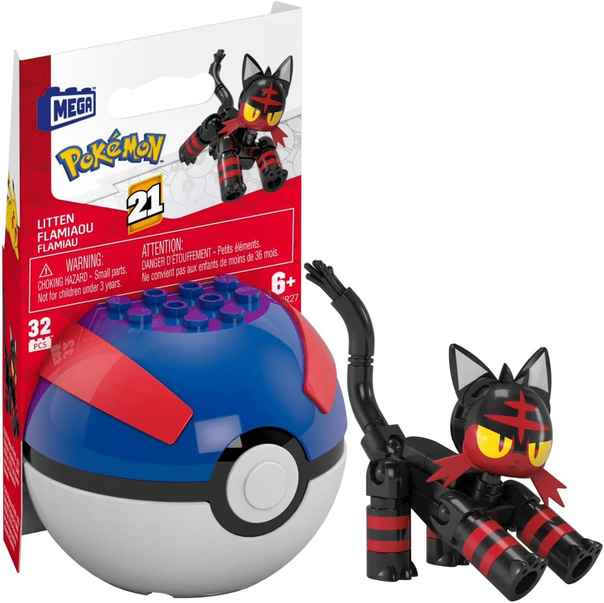 MEGA Kit de Montar Pokémon Litten com Pokébola e Figura de Ação Articulada (32 Peças) para Crianças