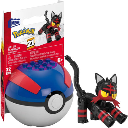 MEGA Kit de Montar Pokémon Litten com Pokébola e Figura de Ação Articulada (32 Peças) para Crianças