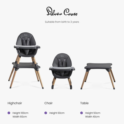 Silver Cross - Cadeira Alta Eat&Play 4 em 1 - Cadeira conversível para bebê - Cadeira alta, assento elevatório, cadeira infantil e mesa, tudo em um, de 1 a 6 meses até 5 anos - Grafite