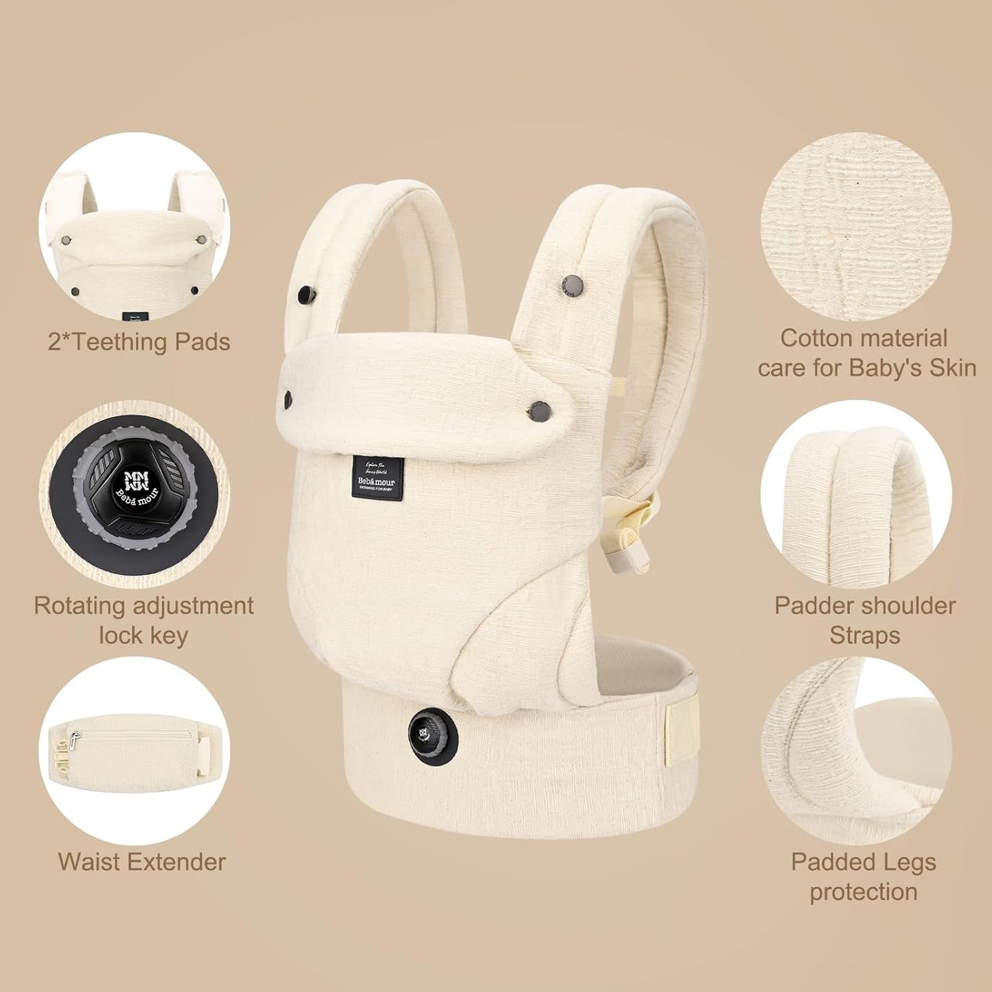 Bebamour Canguru para Bebê para bebês de 3,6 a 14,9 kg, ergonômico, confortável, em algodão, para uso frontal e nas costas, bege.