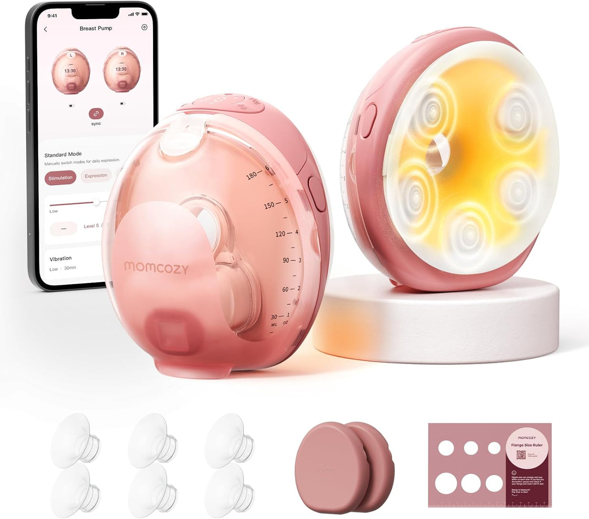 Momcozy Bomba tira-leite vestível Wellness 1, com massagem aquecida, sistema duplo "mãos livres", funil com aquecimento e simulação de massagem para uma amamentação confortável e auxílio na ejeção do leite; controlada por aplicativo,