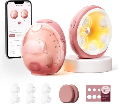 Momcozy Bomba tira-leite vestível Wellness 1, com massagem aquecida, sistema duplo "mãos livres", funil com aquecimento e simulação de massagem para uma amamentação confortável e auxílio na ejeção do leite; controlada por aplicativo,