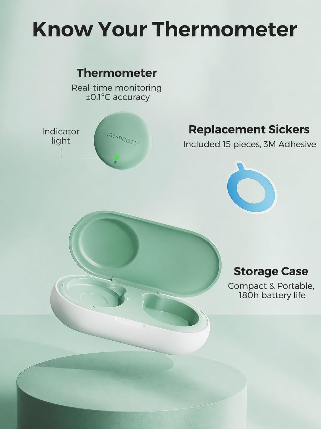 Momcozy Termômetro digital vestível para bebês , termômetro inteligente de precisão de grau médico, leitura instantânea, monitoramento em tempo real via aplicativo para crianças e bebês, adesivo hipoalergênico 3M, Bluetooth