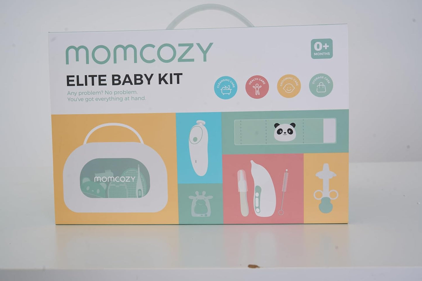 Momcozy Kit Elite para Bebês, conjunto de presente superior para higiene, saúde e limpeza, inclui lixa de unha elétrica e aspirador nasal, faixa térmica para barriga, termômetro, escova de banho, mordedor e chupeta medicinal.