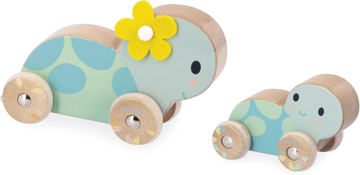 Janod - Conjunto de 2 Tartarugas de Madeira - Brinquedo que rola - Rodas Silenciosas - Brinquedo Educativo - Desenvolve a coordenação motora fina e a imaginação - A partir de 1 ano - J05148