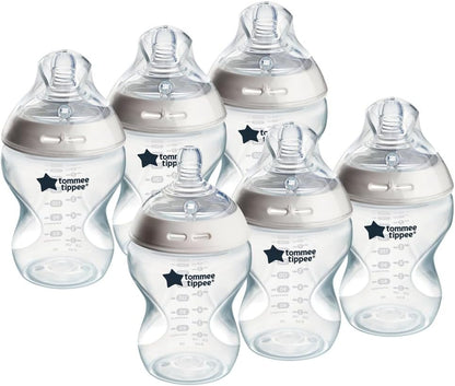 Tommee Tippee Mamadeiras Natural Start para bebês a partir de 0 meses, pacote com 6 unidades de 260ml, com bico de fluxo lento semelhante ao seio materno para uma pega natural, autoesterilizáveis e livres de BPA, essenciais para a alimentação do bebê.