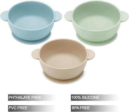PandaEar Conjunto de 3 Tigelas de Silicone com Ventosa - Tigelas para Alimentação de Bebês e Crianças Pequenas que Não Deslizam - Macias, Seguras e Livres de BPA (Linho Azul e Verde)
