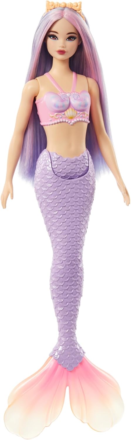 Barbie Bonecas de sereia com cabelo de fantasia e acessórios de faixa de cabeça, brinquedos de sereia com corpete inspirado em conchas e caudas coloridas, HR03