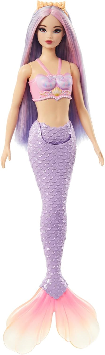 Barbie Bonecas de sereia com cabelo de fantasia e acessórios de faixa de cabeça, brinquedos de sereia com corpete inspirado em conchas e caudas coloridas, HR03