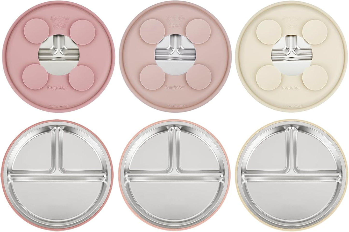 PandaEar Conjunto de 3 pratos infantis em aço inoxidável para meninas, com divisórias e ventosas, ideais para introdução alimentar BLW (Baby Led Weaning). Antiderrapantes e próprios para lava-louças.