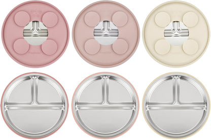 PandaEar Conjunto de 3 pratos infantis em aço inoxidável para meninas, com divisórias e ventosas, ideais para introdução alimentar BLW (Baby Led Weaning). Antiderrapantes e próprios para lava-louças.