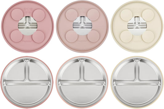PandaEar Conjunto de 3 pratos infantis em aço inoxidável para meninas, com divisórias e ventosas, ideais para introdução alimentar BLW (Baby Led Weaning). Antiderrapantes e próprios para lava-louças.