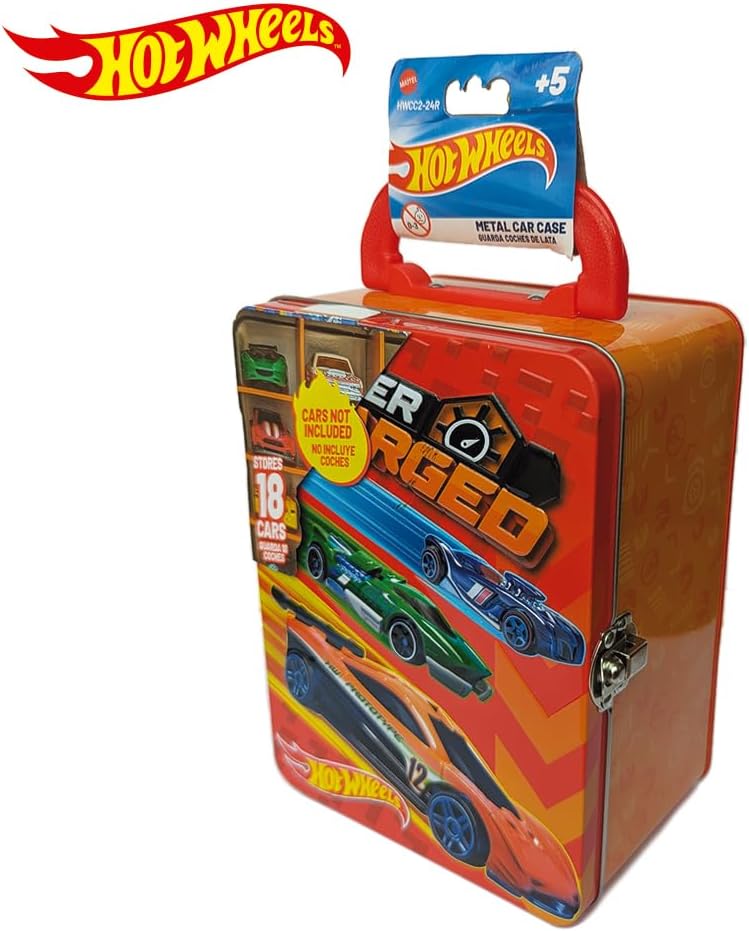 Hot Wheels Estojo de metal para carrinhos em escala 1:64 | Organizador e porta-brinquedos para 18 brinquedos | Presente ideal para colecionadores e crianças a partir de 3 anos | Tampa com design 3D de corrida HW | Carrinhos não inclusos