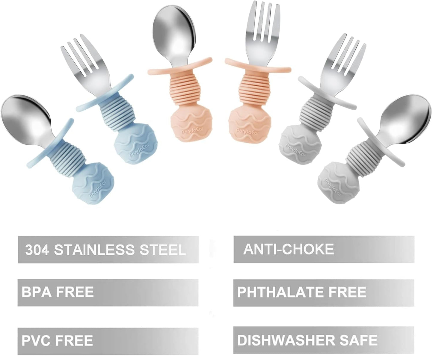 PandaEar Conjunto de 6 colheres e garfos de aço inoxidável para alimentação infantil - Utensílios anti-engasgo para bebês e crianças a partir de 18 meses de idade, ideais para a introdução alimentar guiada (azul/cinza/pêssego).