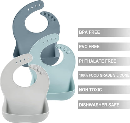 PandaEar Conjunto de 3 Babadores de Silicone para Bebês Meninos e Meninas, Babador Ajustável para Desmame, Babadores Impermeáveis para Crianças, Babadores de Silicone Macios e Duráveis Livres de BPA com Coletor de Alimentos Grande