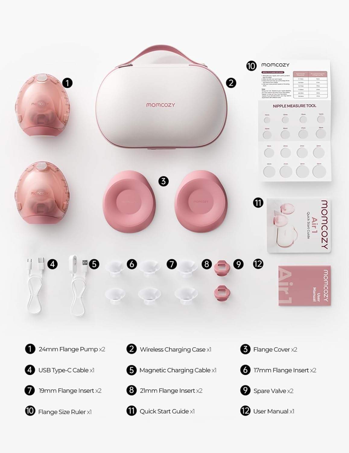 Momcozy Bomba tira-leite Air 1 Ultra-Slim, bomba vestível mãos-livres com estojo de carregamento sem fio e controle por aplicativo com modo automático e alerta de leite cheio.