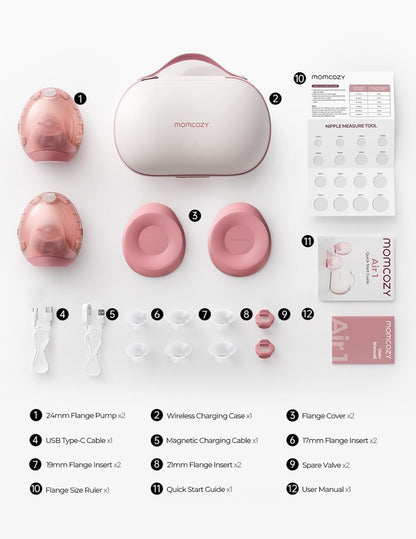 Momcozy Bomba tira-leite Air 1 Ultra-Slim, bomba vestível mãos-livres com estojo de carregamento sem fio e controle por aplicativo com modo automático e alerta de leite cheio.