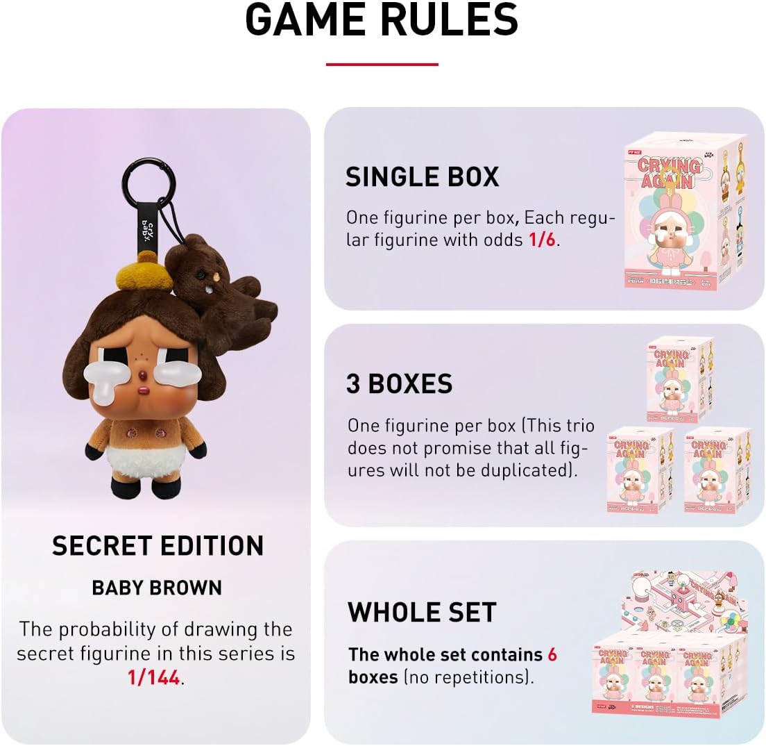POP MART CRYBABY Crying Again Series - Conjunto completo de bonecos de pelúcia com emblema, design premium, presentes para mulheres, boneco de ação colecionável chique e favorito dos fãs