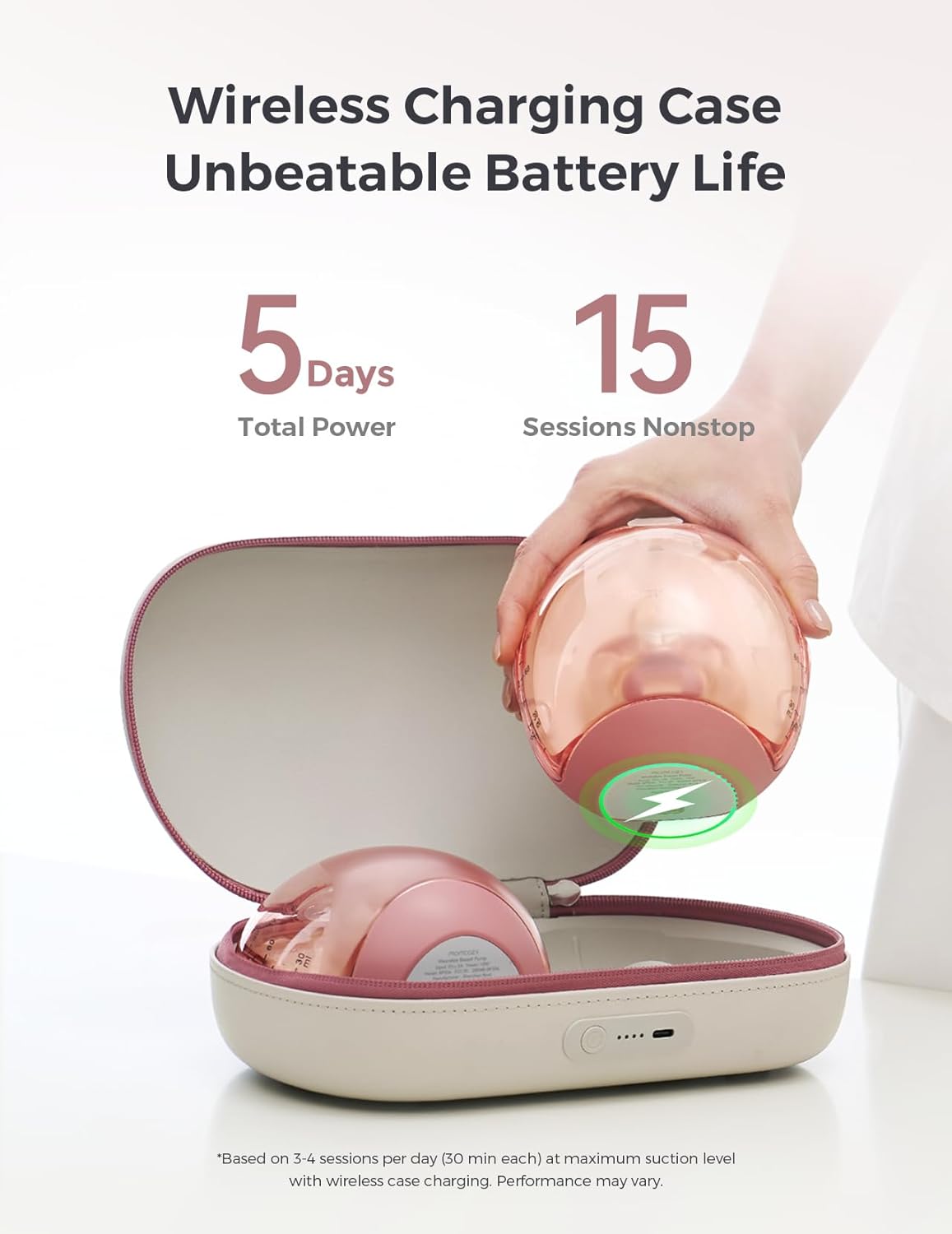 Momcozy Bomba tira-leite Air 1 Ultra-Slim, bomba vestível mãos-livres com estojo de carregamento sem fio e controle por aplicativo com modo automático e alerta de leite cheio.
