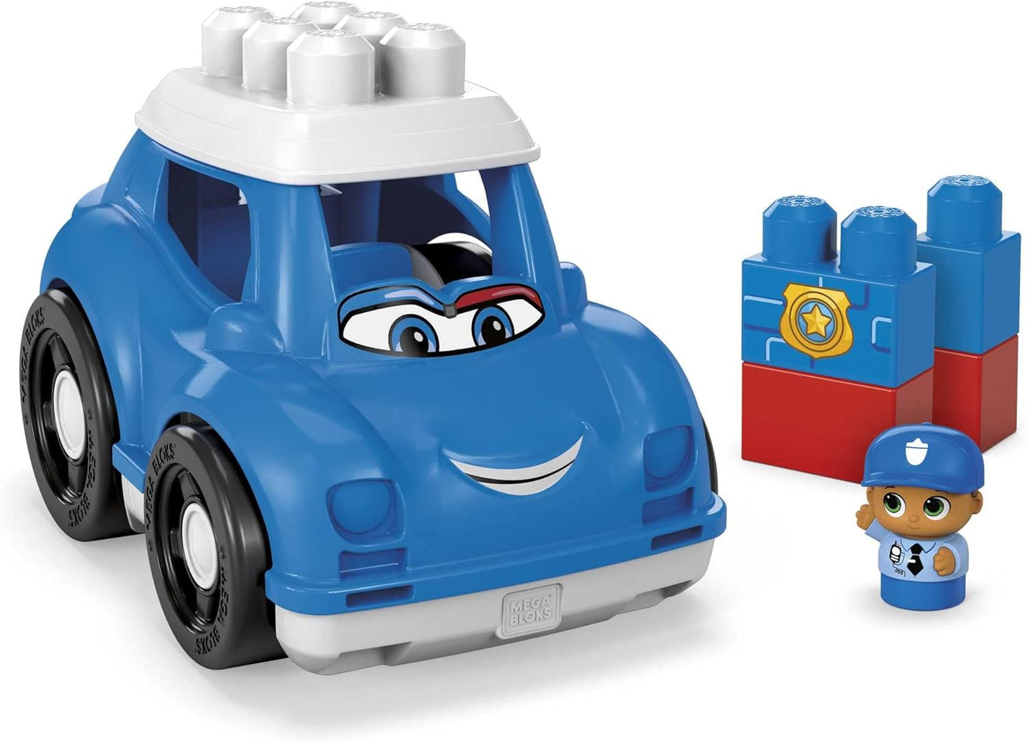 MEGA Conjunto de construção BLOKS Peter Police Car com 1 carro de polícia, 1 policial Block Buddies e 4 blocos de construção grandes, conjunto de brinquedos para presente para maiores de 1 ano