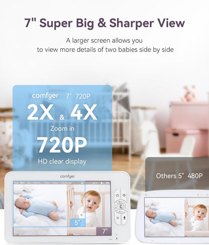 Monitor de bebê com câmera e áudio 1080p, monitor de vídeo HD 720p de 7" sem WiFi, bateria de 4000mAh, monitor de bebê de tela dividida mais confortável sem WiFi, 2 câmeras e visão noturna, monitor de bebê HD de 7" com suporte flexível