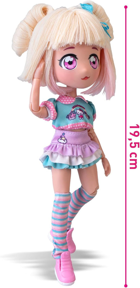Hello Kitty 4SF Famosa Manga Fashion Unicorns, Boneca Fashion Japonesa, Figura de 19,5 cm com 15 Pontos de Articulação, Inclui Saia Ra-Ra, Polainas e Tiara com Orelhas, (HKTF2000)
