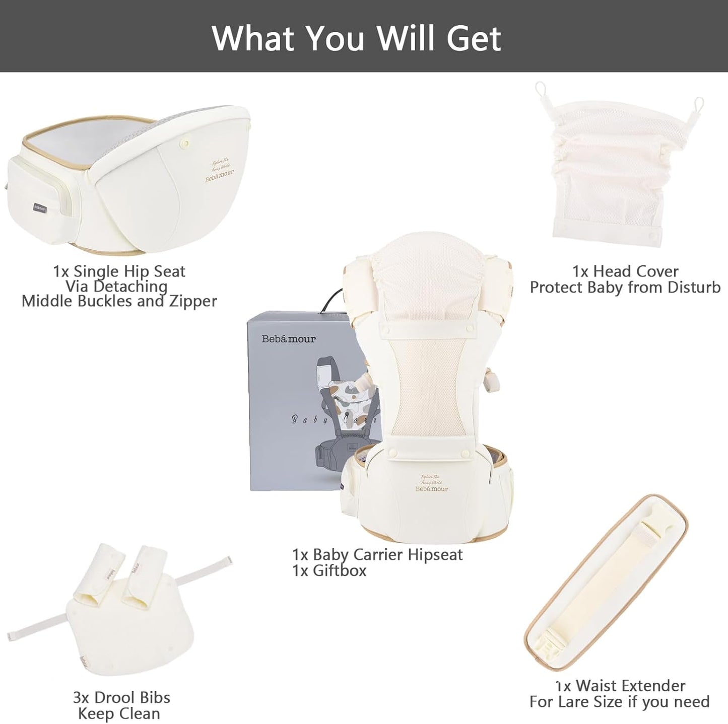 Bebamour Canguru para Bebê, para bebês de 0 a 36 meses, com assento de quadril, capuz para a cabeça, 3 protetores de dentição, extensor de cintura, bege.