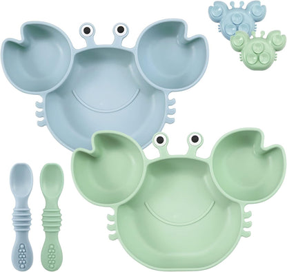 PandaEar Conjunto de 2 Pratos de Silicone para Bebê com Ventosa e 2 Colheres para Bebê - Prato Dividido para Criança - Pratos com Ventosa para Introdução Alimentar - Pratos de Jantar Inquebráveis - Conjunto,