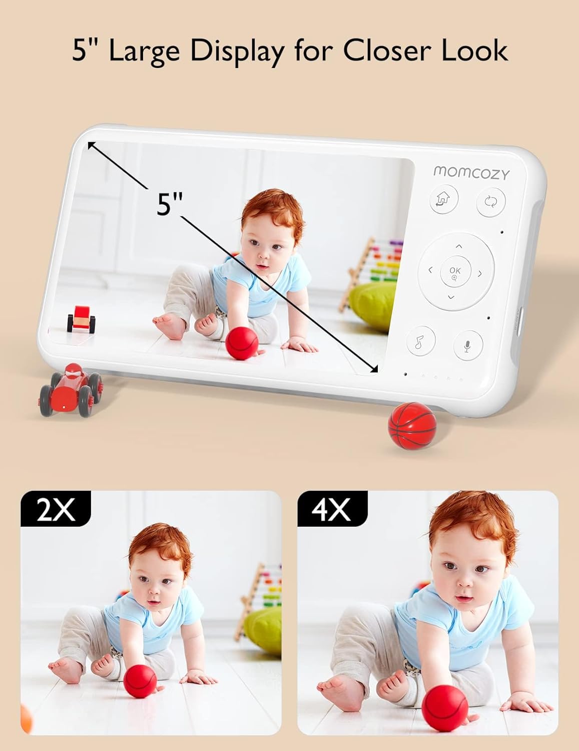 momcozy Babá eletrônica com 2 câmeras, tela dividida de 5 polegadas 1080P com lente grande angular integrada, câmera e áudio, sem Wi-Fi, bateria de 5000 mAh, visão noturna infravermelha, alcance de 293 metros.