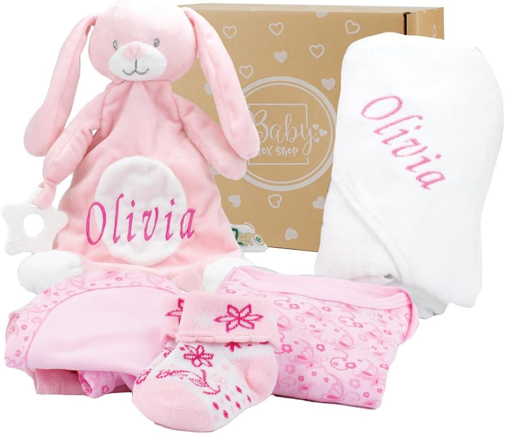 Baby Box Shop - Toalha com capuz personalizada para bebê e cobertor de urso personalizado para bebê, itens essenciais para recém-nascidos, Baby Box Shop - 6 itens essenciais para recém-nascidos unissex