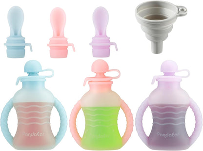 PandaEar Conjunto de 3 saquinhos de silicone reutilizáveis para papinha com 3 colheres dosadoras e funil | Saquinho para armazenar alimentos infantis de 120ml com alça | Saquinhos de silicone sem BPA para papinhas caseiras
