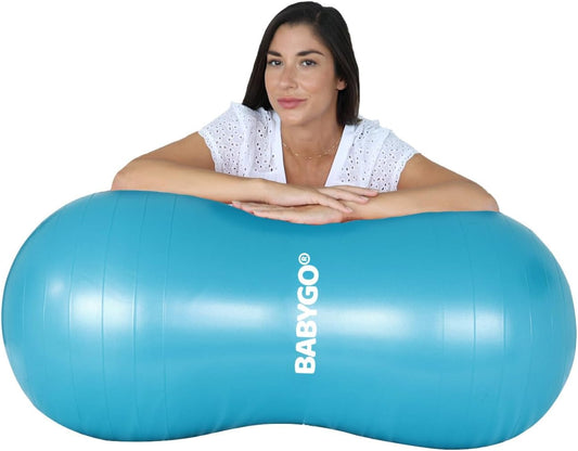 BABYGO® Bola de amendoim para exercícios de parto e gravidez | Livro de exercícios de trabalho de maternidade com bola de parto e bomba de pé incluídos | Anti-explosão