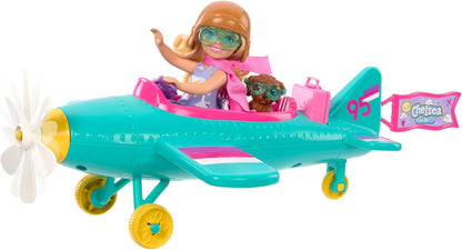 Barbie Chelsea Can Be… Conjunto de boneca e avião, aeronave de 2 lugares com hélice giratória Daisy e 7 acessórios, incluindo cachorrinho e adesivos, HTK38