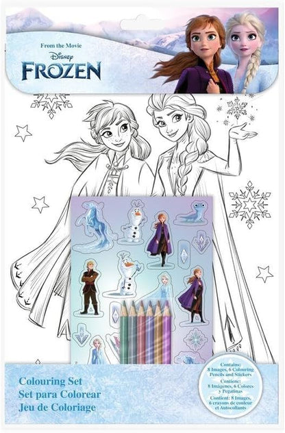 Conjunto de colorir Disney Frozen com 15 peças para crianças – 8 folhas para colorir, 6 lápis e adesivos reutilizáveis – Kit de atividades da Elsa e da Anna – Presente de arte e artesanato para viagens para meninas a partir de 3 anos