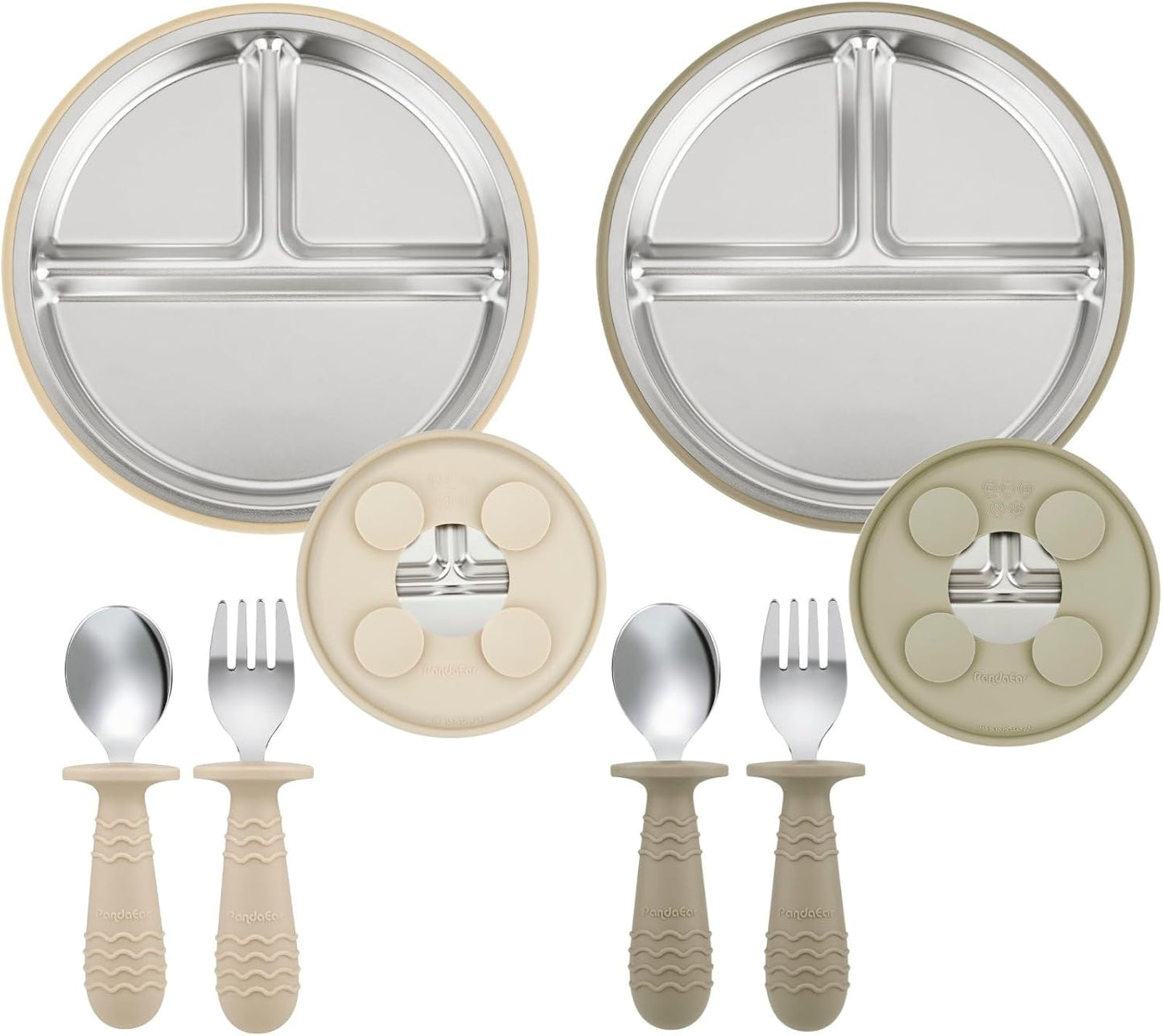 PandaEar Conjunto de 2 pratos com ventosa e 2 colheres e garfos em aço inoxidável para alimentação infantil, utensílios para bebês e crianças pequenas, pratos divididos para introdução alimentar BLW (Baby Led Weaning), livre de BPA.