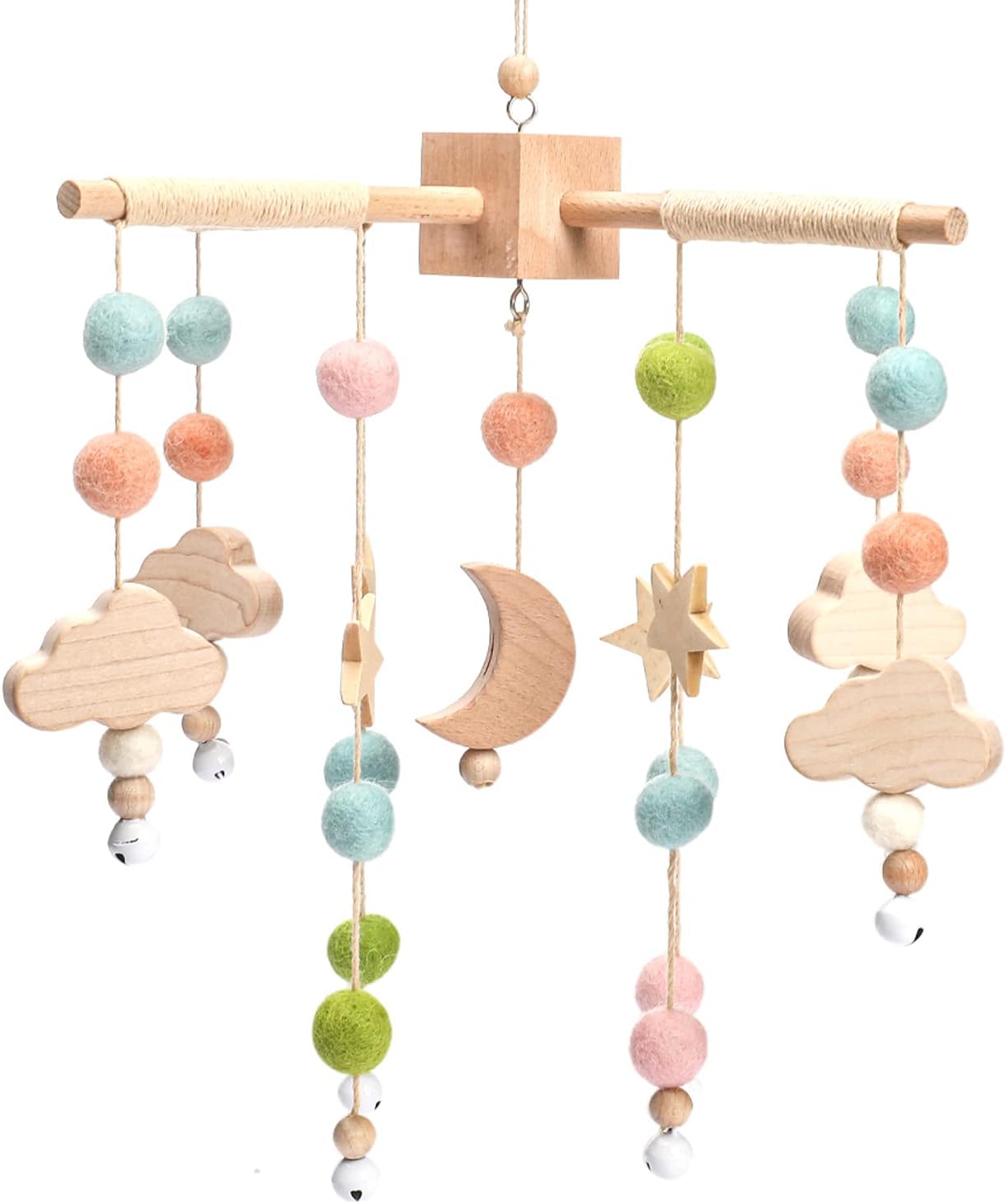 Let's Make Bolas móviles de Madera + Forro Polar para bebés, Campanas de Viento, Campanas para Hamacas de guardería, Regalos para recién Nacidos para niñas o niños (Luna Rosa)