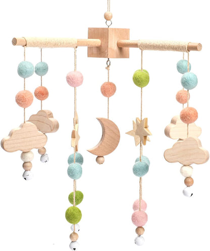 Let's Make Bolas móviles de Madera + Forro Polar para bebés, Campanas de Viento, Campanas para Hamacas de guardería, Regalos para recién Nacidos para niñas o niños (Luna Rosa)