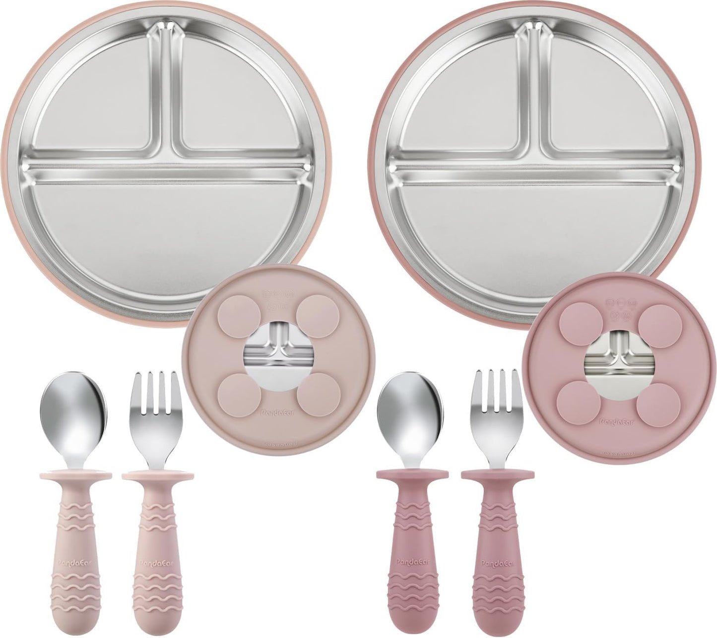 PandaEar Conjunto de 2 pratos com ventosa e 2 colheres e garfos em aço inoxidável para alimentação de bebês, ideal para meninas. Pratos divididos para introdução alimentar BLW (Baby Led Weaning). Livre de BPA.