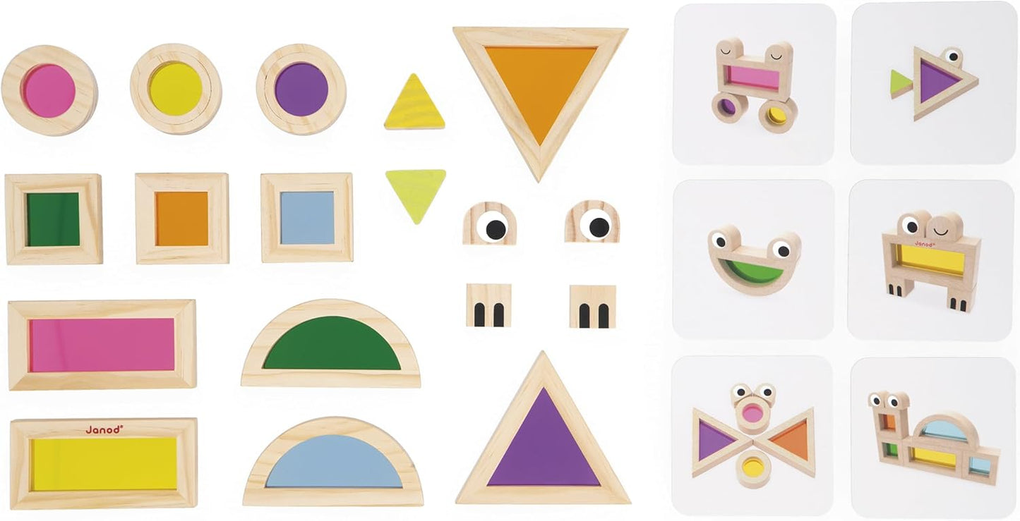 Janod - Blocos de Construção de Madeira - Jogo de Despertar Sensorial - 18 Blocos e 6 Cartões Modelo - Aprendendo Formas e Cores - Desenvolvendo Habilidades Motoras Finas - Madeira