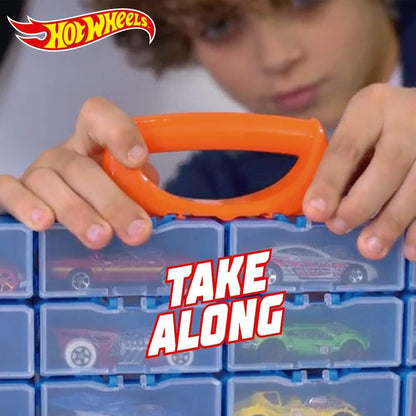 Hot Wheels Estojo para carrinhos Multibrick | Armazena até 28 carrinhos | Conecta-se às pistas | Brinque e construa, multicolorido (HWCC8C) - Inclui alça para transporte