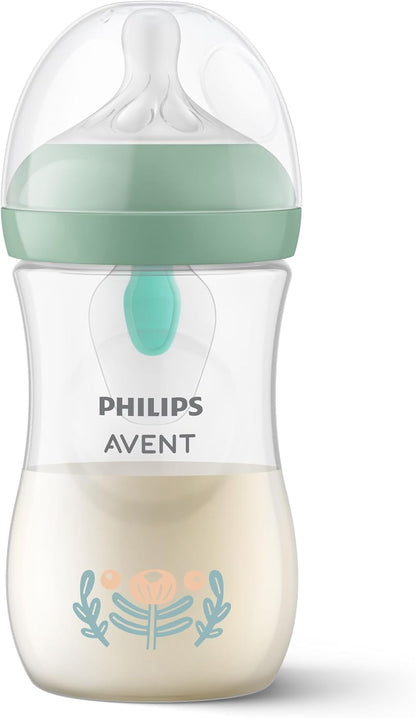 Philips Mamadeira Avent Natural Response com sistema de ventilação AirFree, 260 ml, com bico de fluxo médio (fluxo 3), estampa "Plantas da Floresta", SCY673/83