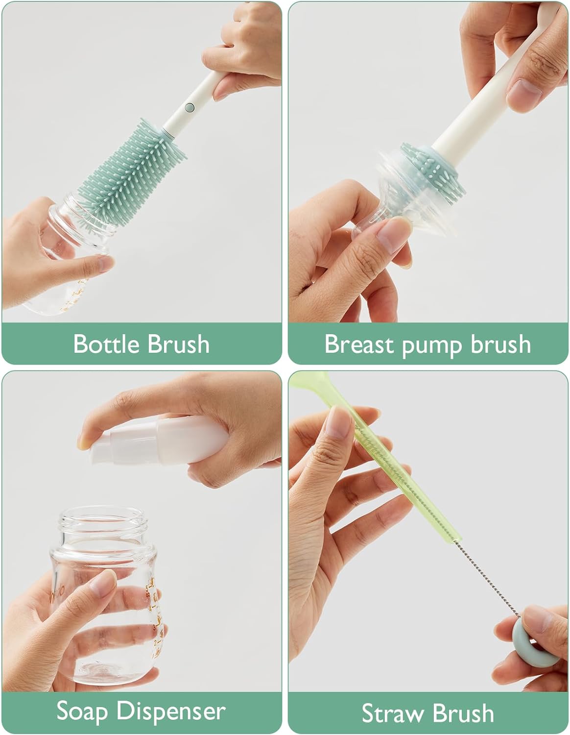 Momcozy Conjunto de escovas para mamadeiras 7 em 1 - Kit completo de limpeza de mamadeiras com escova de silicone, escova para mamilos, escova de palha, dispensador de sabão e rack de secagem - ideal para casa e viagens