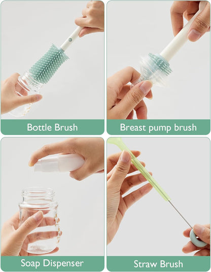Momcozy Conjunto de escovas para mamadeiras 7 em 1 - Kit completo de limpeza de mamadeiras com escova de silicone, escova para mamilos, escova de palha, dispensador de sabão e rack de secagem - ideal para casa e viagens